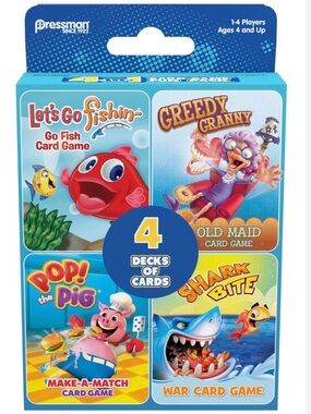 Pressman 4 Classic Kids Card Games Set | Go Fish Old Maid War Matching NIB